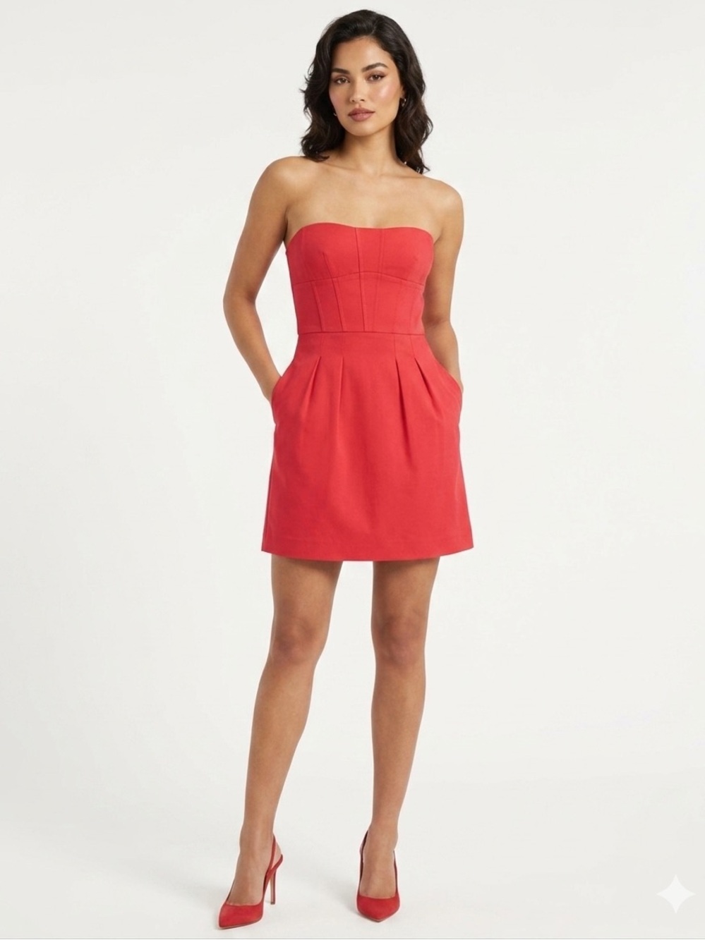 BCBGMaxAzria Strapless Red Pleated Fit-and-Flare Dress with Pockets